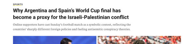 Jewish Telegraphic Agency headline: Why Argentina and Spain's World Cup final has become a proxy for the Israeli-Palestinian conflict