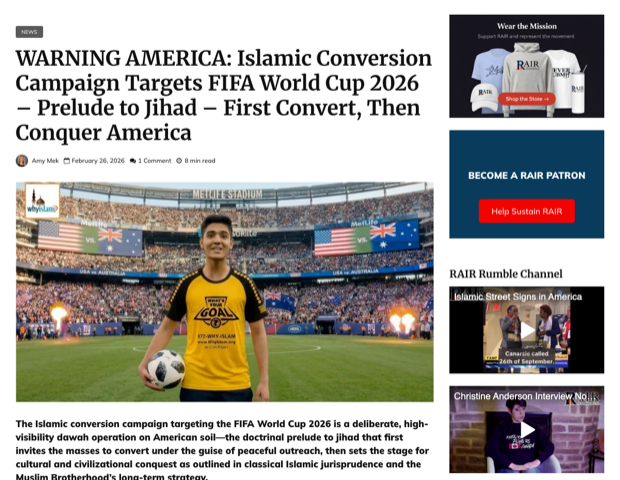RAIR Foundation headline: Warning America, Islamic Conversion Campaign Targets FIFA World Cup 2026, prelude to jihad, first convert then conquer America